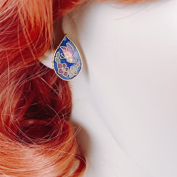 VTG Cloisonne Butterfly Floral Stud Earrings Red Blue Enamel Gold Tone Colorful - Picture 4 of 9